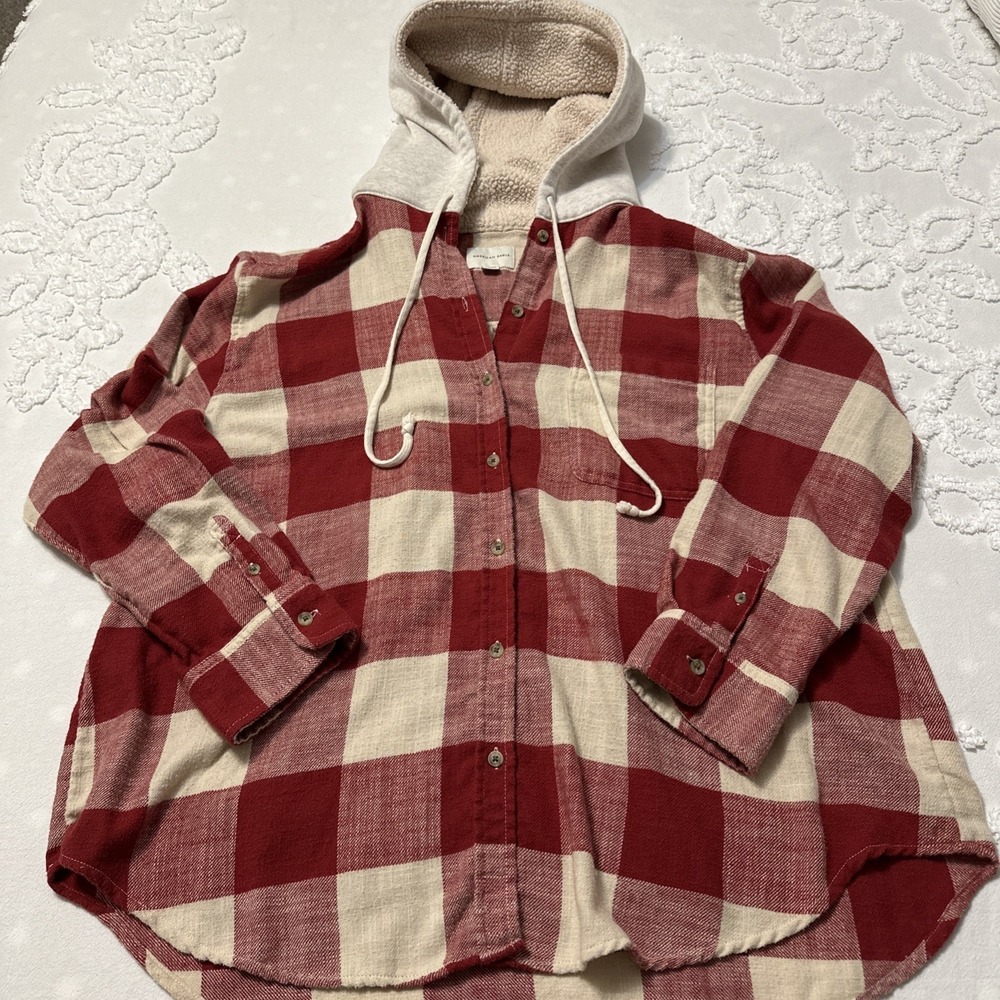American Eagle Shirt Jacket XL Red Plaid Sherpa Hood Flannel Button Up Shacket